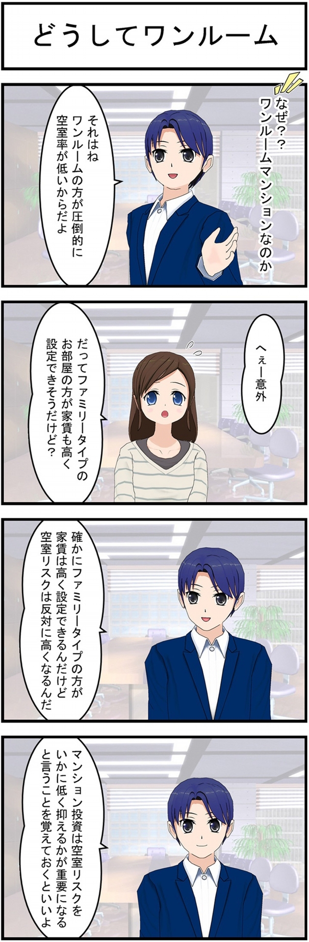 どうしてワンルームなぜ??ワンルームマンションなのかそれはねワンルームの方が圧倒的に空室リスクが低いからだよへぇー意外だってファミリータイプのお部屋の方が家賃も高く設定できそうだけど?確かにファミリータイプの方が高く設定できるんだけど空室リスクは反対に高くなるんだマンション投資は空室リスクをいかに低く抑えるかが重要になると言うことを覚えておくといいよ